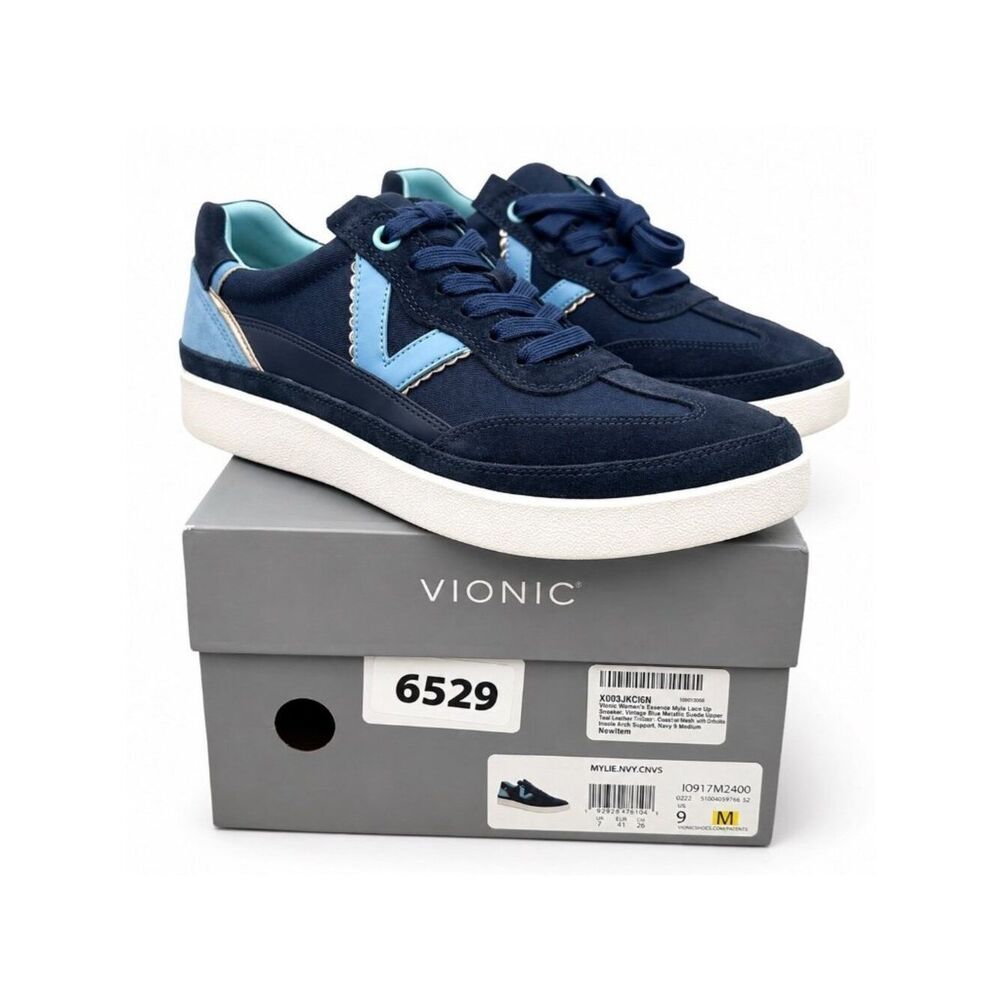 Vionic Mylie Supportive Sneakers Womens 9 Navy Suede Canvas Lace Up Comfort Shoe - Picture 2 of 8